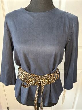 La Pateau Navy Top with Leopard Tie Belt Lightweight Suede feel size 42 (12-14)